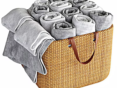 Woven Brown Storage Basket for Home Organizing with Handle and Rolled Gray Towels 3d model