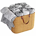 Woven Brown Storage Basket for Home Organizing with Handle and Rolled Gray Towels