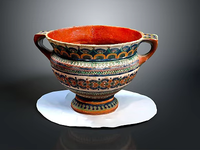 Intricately Carved Ceramic Vessel With Two Handles Colorful Patterns Orange Interior On White Base 3d model