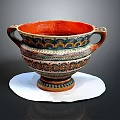 Intricately Carved Ceramic Vessel With Two Handles Colorful Patterns Orange Interior On White Base