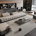 Modern Beige Sofa and Glass Coffee Table Set With Area Rug Bookshelf and Plants