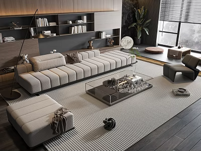 Modern Beige Sofa and Glass Coffee Table Set With Area Rug Bookshelf and Plants 3d model