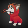 Cartoon Dog In Red Hoodie With Devil Horns Trident And Tail On Dark Background