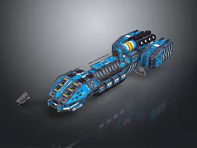 Sci Fi Spaceship Model In Blue Black With Yellow Details And Surrounding Small Rocks 3d model