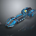 Sci Fi Spaceship Model In Blue Black With Yellow Details And Surrounding Small Rocks