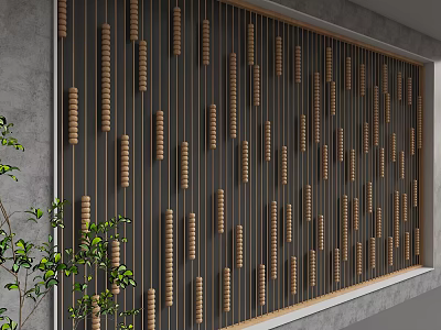 Modern Background Wall With Vertical Wooden Cylindrical Decorations And Green Plants 3d model