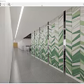 Modern Office Corridor Interior With Green And White Geometric Pattern Partitions And Ceiling Lighting 3d model