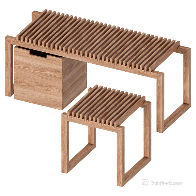Wooden Stools With Slatted Top And Modern Frame Structure Set Of Two 3d model 