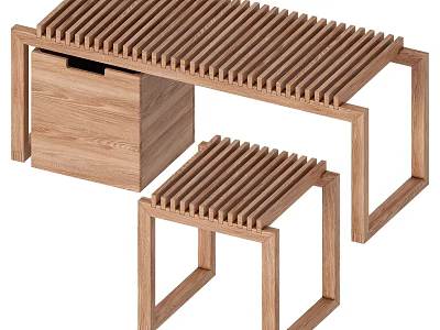 Wooden Stools With Slatted Top And Modern Frame Structure Set Of Two 3d model