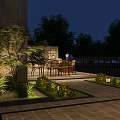 Nighttime Garden Landscape At Building Entrance With Arched Glass Door Wall Lamps And Greenery