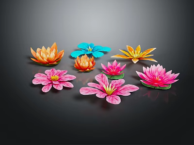 Colorful Lotus Flowers With Blooming Petals In Orange Blue Yellow Pink On Black Background 3d model