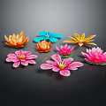 Colorful Lotus Flowers With Blooming Petals In Orange Blue Yellow Pink On Black Background
