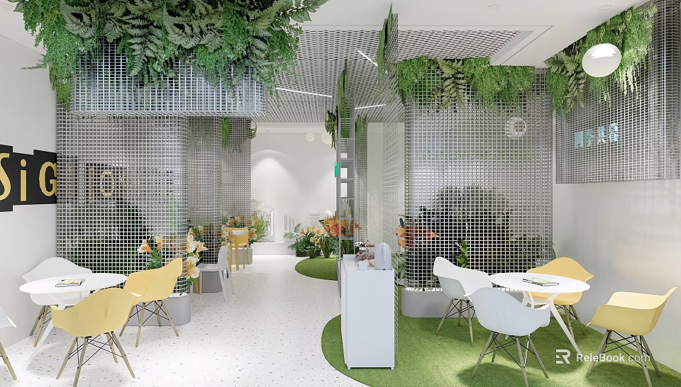 Lounge Area Interior Design With Greenery Covered Grid Partitions Yellow Chairs And White Tables 3d model 