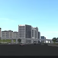 Modern Office Building in Urban Cityscape with Road Cars Pedestrians and Blue Sky Clouds