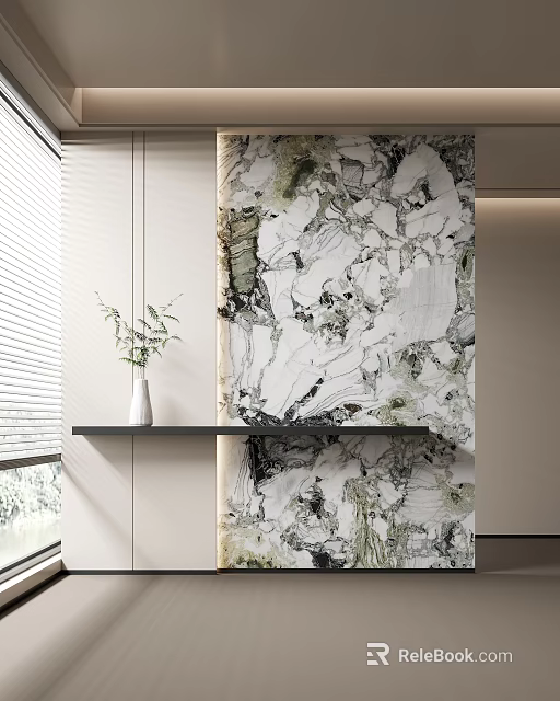Modern Entryway Hallway with Marble Wall Black Shelf Vase and Green Plants Window Blinds 3d model 