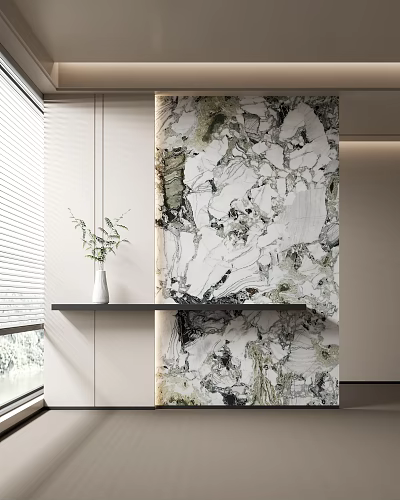 Modern Entryway Hallway with Marble Wall Black Shelf Vase and Green Plants Window Blinds 3d model