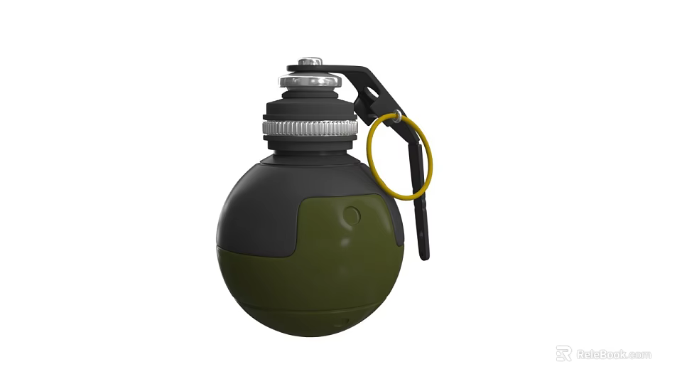 Green and Black Hand Grenade Military Weapon With Yellow Pull Ring And Metal Fuse Body 3d model 