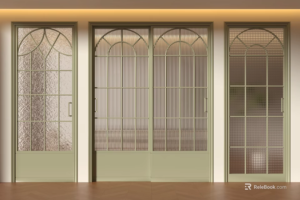 Modern Interior Hinged Doors with Textured Ribbed and Grid Glass Light Green Frames 3d model