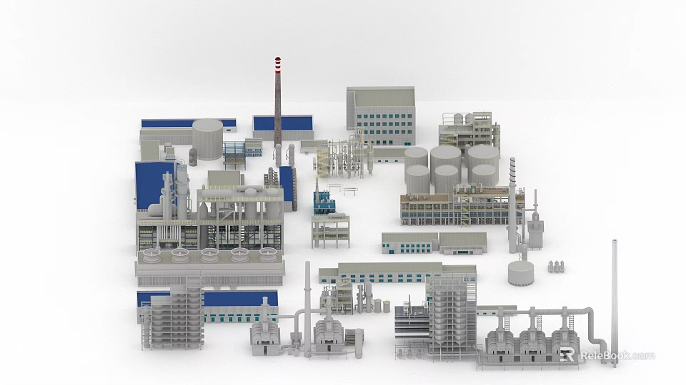 Industrial Equipment In Manufacturing Plant With Storage Tanks Chimneys And Piping Systems 3d model 
