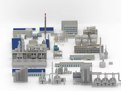 Industrial Equipment In Manufacturing Plant With Storage Tanks Chimneys And Piping Systems 3d model