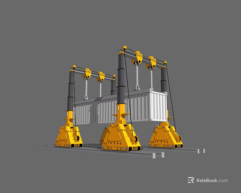 Yellow Industrial Container Cranes Lifting White Cargo Containers In Port 3d model
