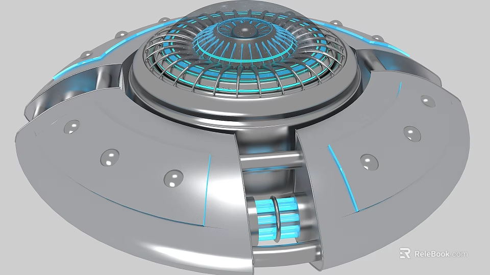 Futuristic Metallic Circular Tech Device With Blue Lights And Grid Structure 3d model