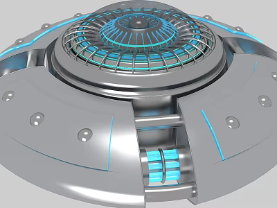 Futuristic Metallic Circular Tech Device With Blue Lights And Grid Structure 3d model