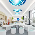 Bright Science Laboratory Interior With Round Tables White Stools And Blue Spherical Pendant Lights 3d model