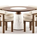 Round Dining Table Set With Wooden Top White Marble Center And Beige Upholstered Armchairs