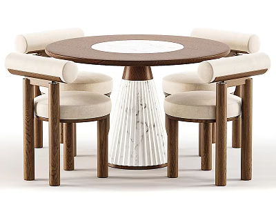 Round Dining Table Set With Wooden Top White Marble Center And Beige Upholstered Armchairs 3d model