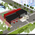 Modern Fire Station Exterior With Red Fire Trucks Multiple Garage Doors And Green Trees