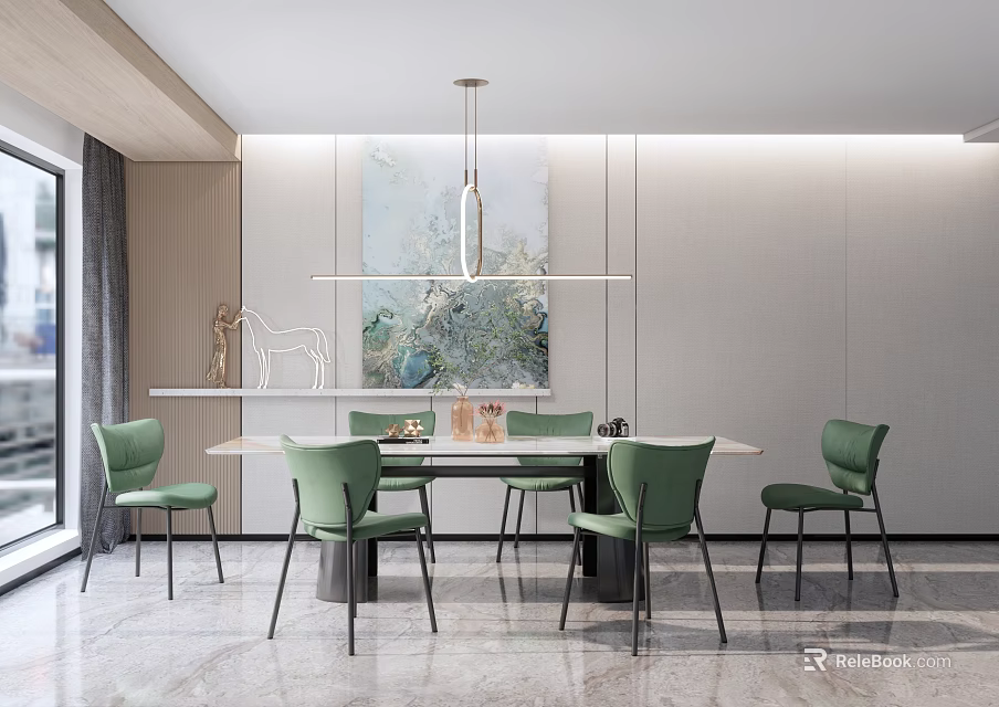 Modern Dining Table Set With Green Chairs Pendant Light And Wall Artwork 3d model