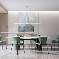 Modern Dining Table Set With Green Chairs Pendant Light And Wall Artwork 3d model