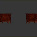 Two Red Chinese Style Carved Wooden Side Tables With Ornate Decorative Shelves