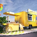 Yellow Food Truck With Outdoor Seating Umbrella Flamingo Decorations And 2023 Signage