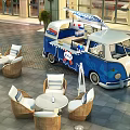 Blue KHOPPS Commercial Food Truck With Outdoor Wicker Seating In Mall Courtyard