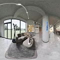 Modern Restaurant Interior With Food Shelves Fresh Produce Fruit Display Concrete Ceiling And Large Windows