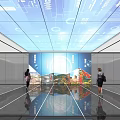 Modern Lobby With Digital Ceiling Elevators Large Urban Mural Pedestrians And Polished Floor
