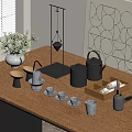 Elegant Tea Set with Teapot and Cups on Wooden Table Alongside Geometric Pattern Decorations