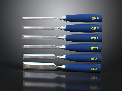 Set of Woodworking Chisels With Blue Handles And Yellow MTLS Labels 3d model