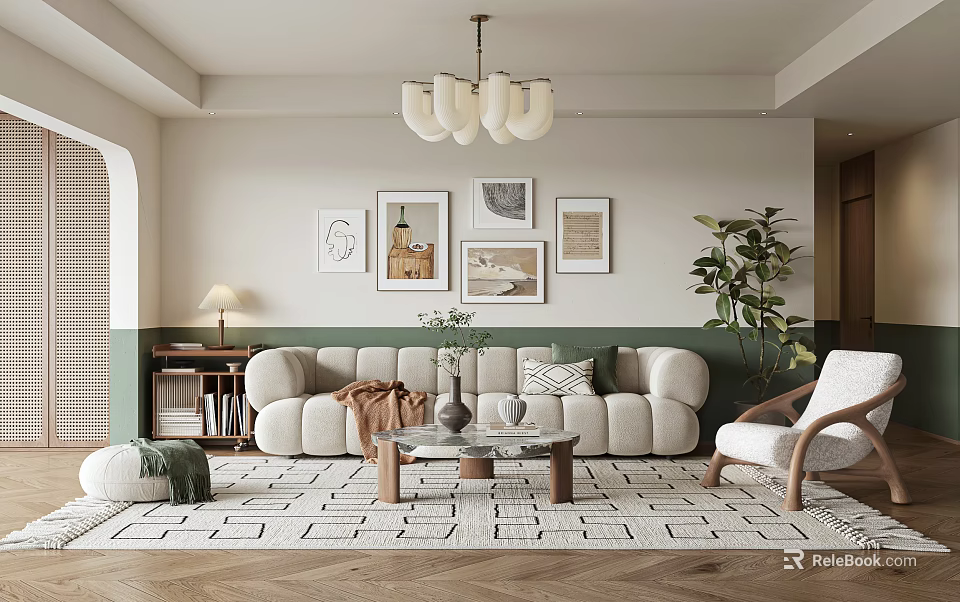 Warm Living Room Interior With Plush Sofa Coffee Table Framed Art Rug Plant And Chandelier 3d model 