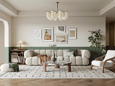 Warm Living Room Interior With Plush Sofa Coffee Table Framed Art Rug Plant And Chandelier 3d model