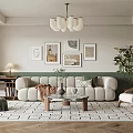 Warm Living Room Interior With Plush Sofa Coffee Table Framed Art Rug Plant And Chandelier