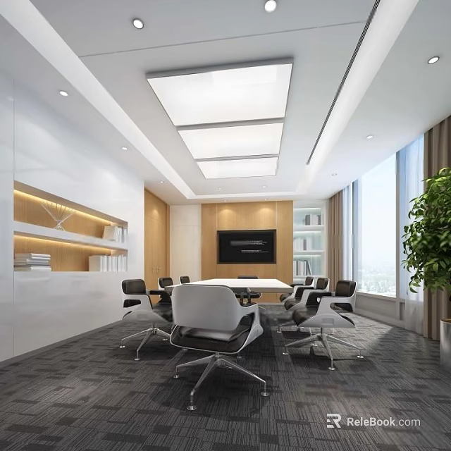Modern Conference Room Interior Design With Meeting Table Ergonomic Chairs TV Screen And Green Plant 3d model 