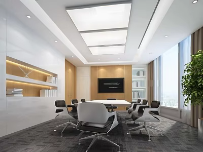 Modern Conference Room Interior Design With Meeting Table Ergonomic Chairs TV Screen And Green Plant 3d model