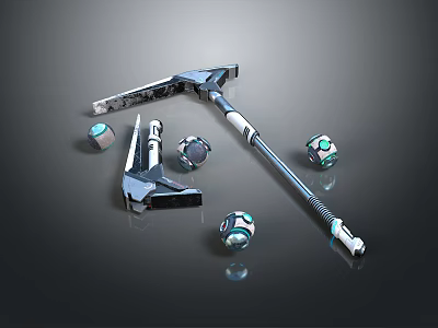 Futuristic Hammer And Spheres With Metallic Design And Blue Accents 3d model