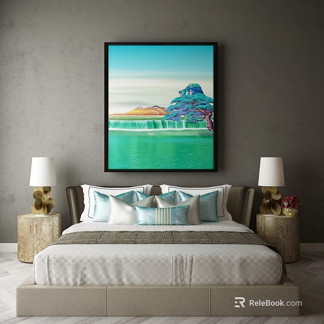 Double bed with bedside lamps wooden tables and green water landscape wall painting 3d model 