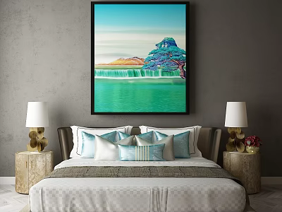 Double bed with bedside lamps wooden tables and green water landscape wall painting 3d model