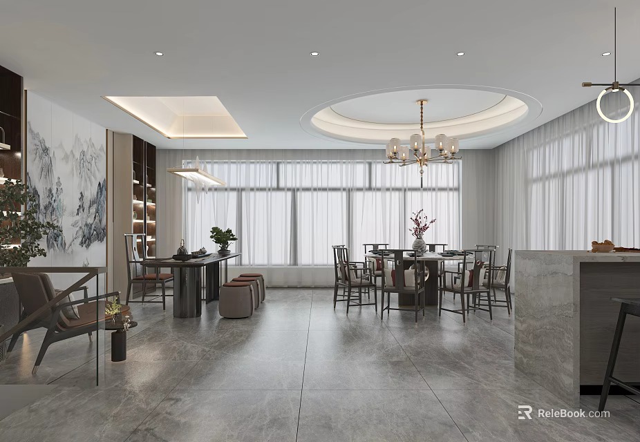 Modern Restaurant Interior Featuring Dining Tables Chairs Pendant Lights And Large Windows 3d model