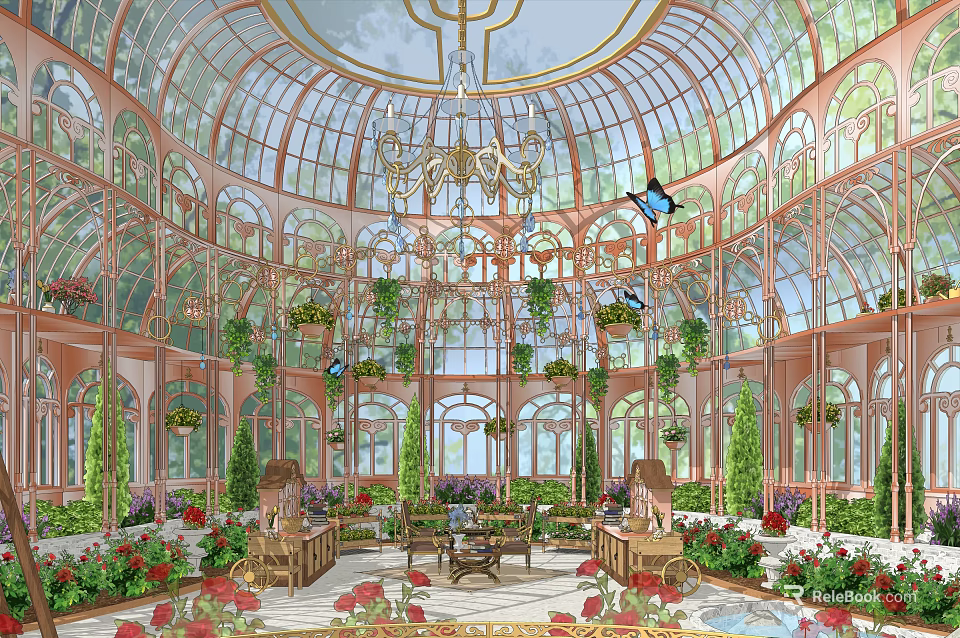 Glass Greenhouse Garden With Dome Ceiling Arched Windows Lush Plants And Elegant Chandelier 3d model 